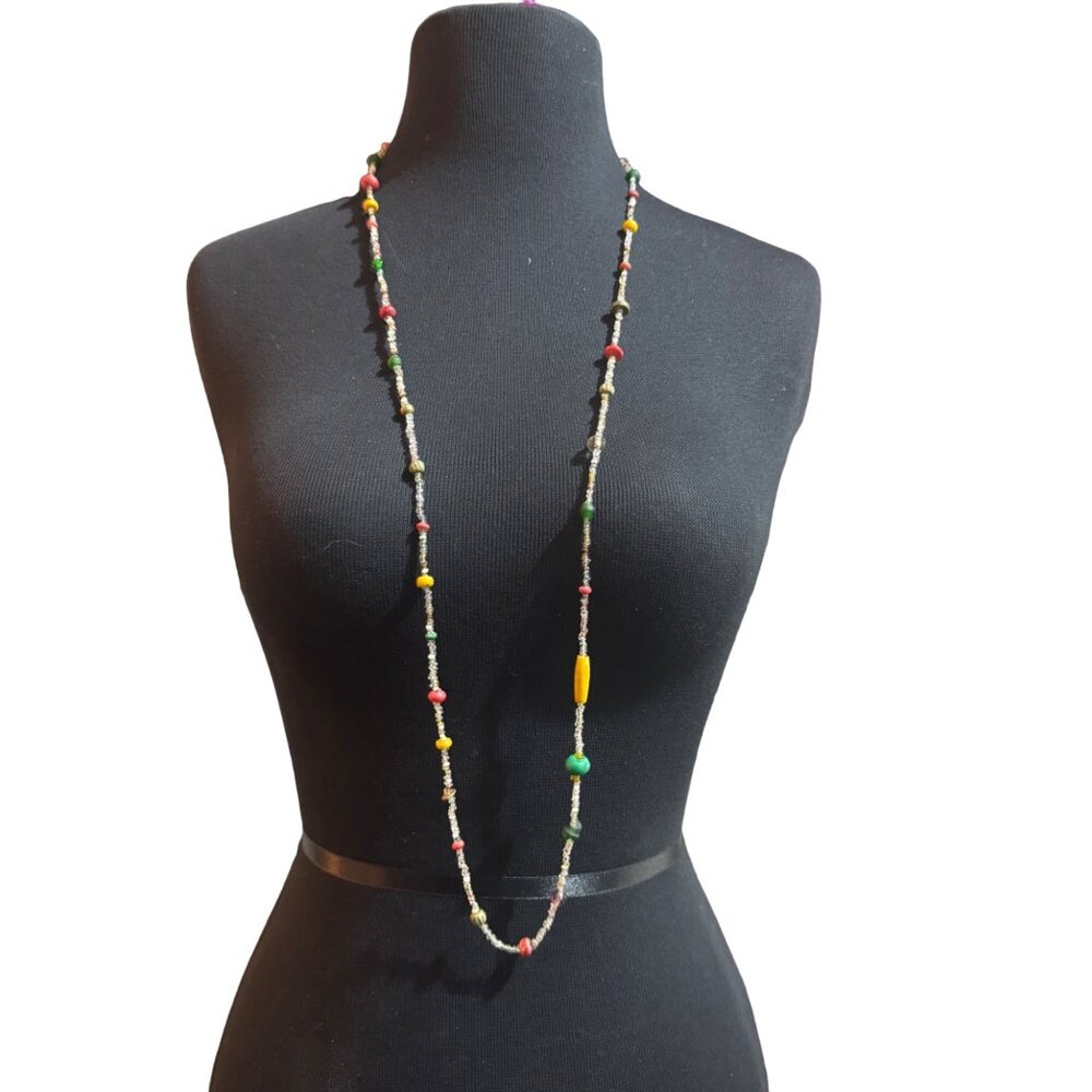 Long Multi-Color Beaded Necklace With Yellow & Red Accents